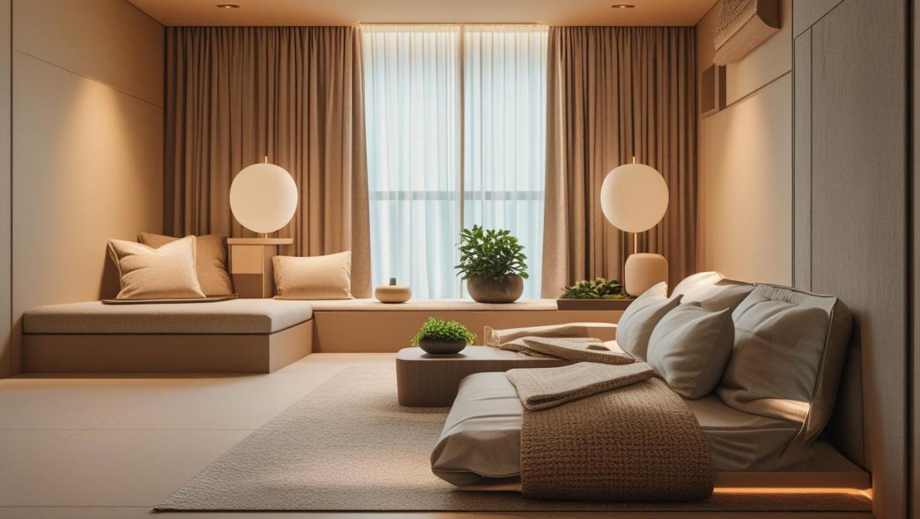 Modern Korean interior with warm lighting, minimalist furniture, and natural textures.