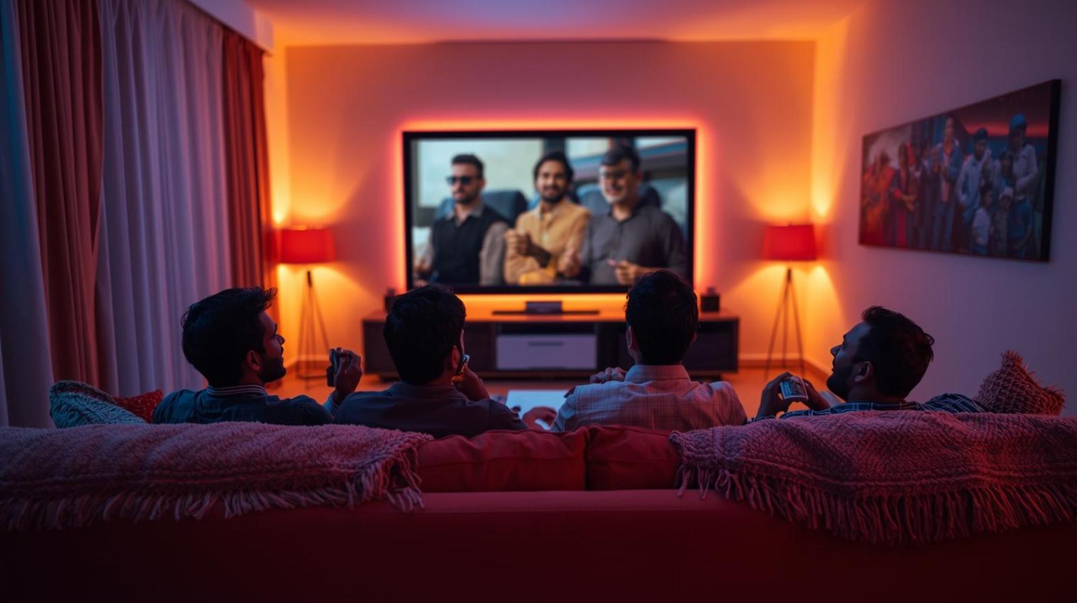 Cozy living room with soft lighting, blurred TV, and people enjoying movie night.