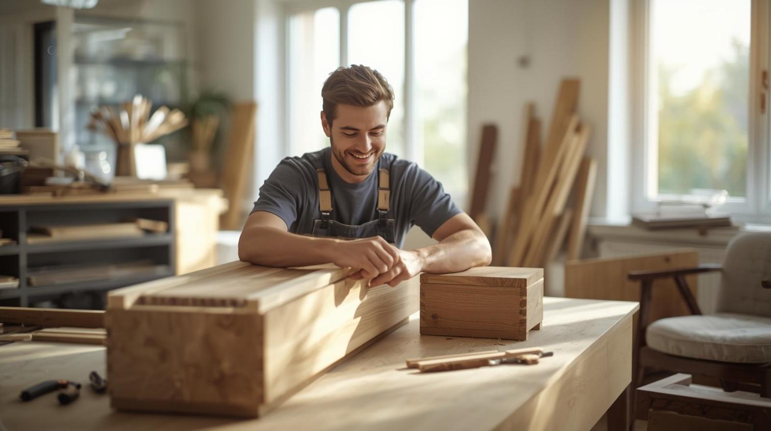 Smiling carpenter builds modern wooden furniture in bright home with warm natural light.